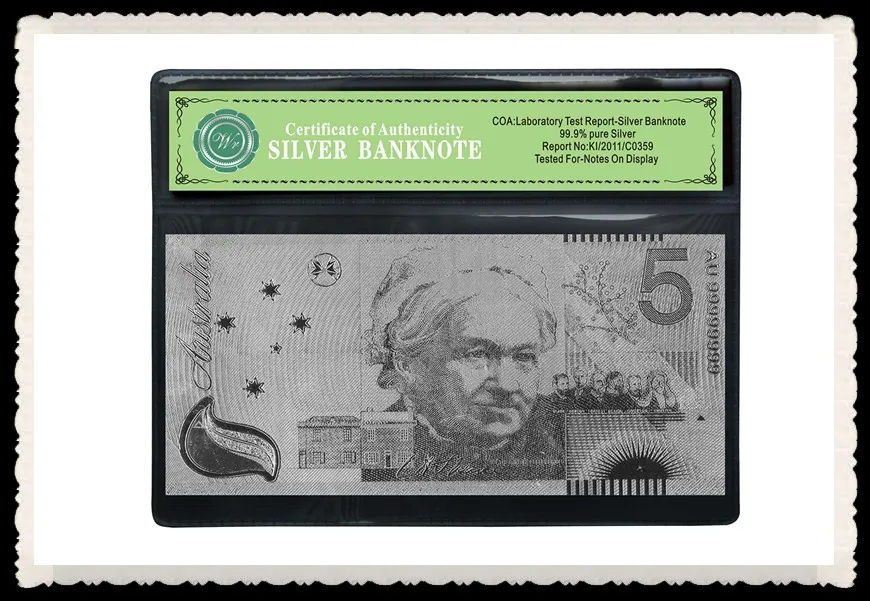 أستراليا دولار 5 دولار نادر الفضة ملاحظة المال 99.9 ورقة الأوراق النقدية الفضة COA