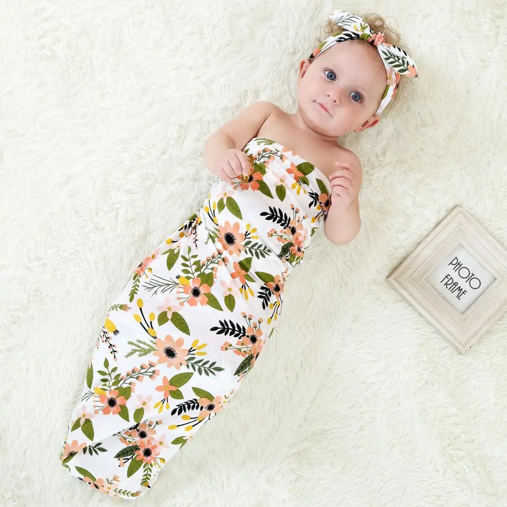 Zogift 2019 Neugeborenen Baby Floral Striped Swaddle Decke + Headwrap Krankenhaus Swaddled Sets Für Foto Requisiten