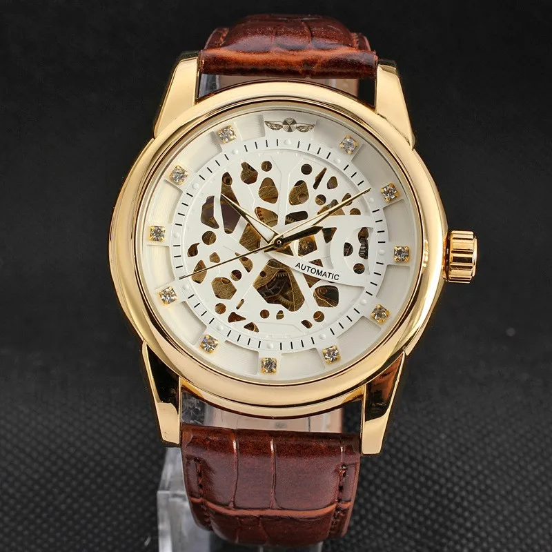Vogue Leather Strap Watch Fashion Casual Men Skeleton Mechanical Watches Clock Male Relogio Masculino Wristwatches Erkek Saat