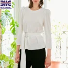 Women' s 3/4 length sleeves tops puff shoulder casual blouses with buckled belt for office ladies