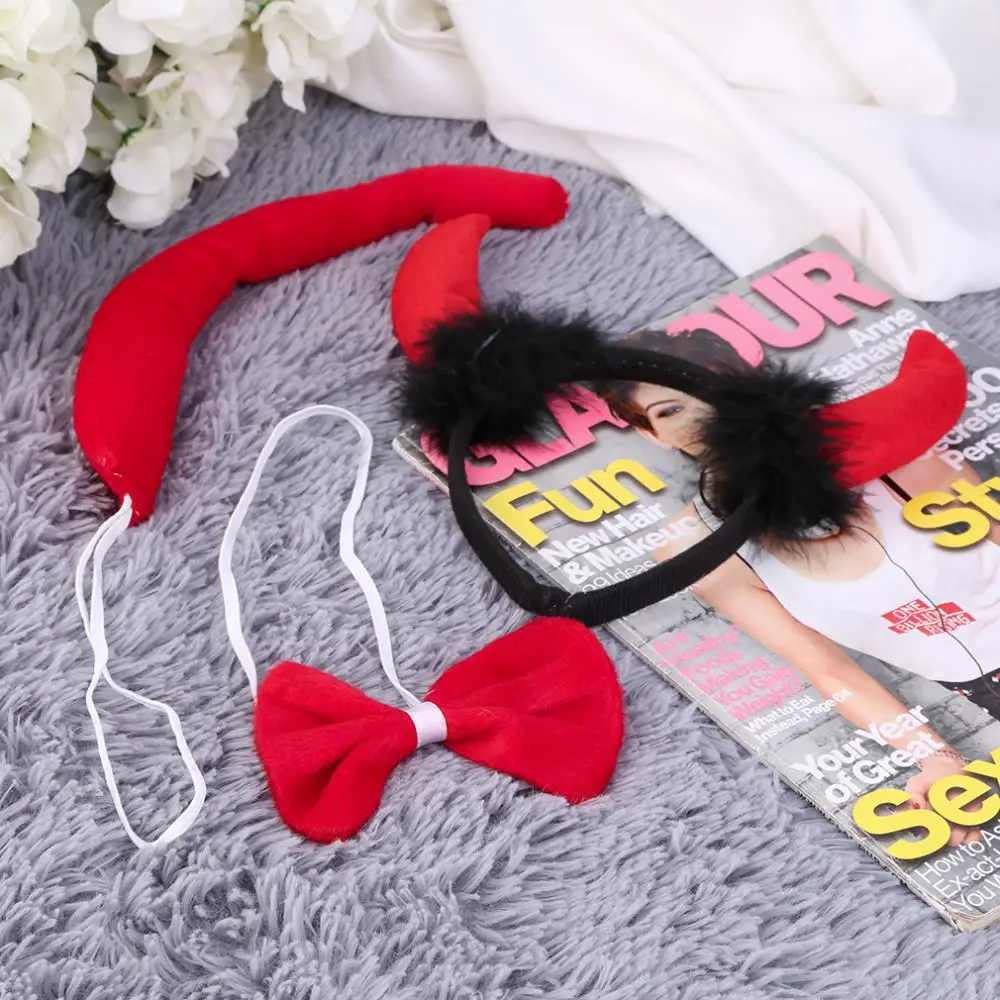 Cute Red Horn Sets Bow Tie 3Pcs Tail Party Ox horn Fancy Dress Costume For Christmas Halloween/Carnivals Large/Small Size