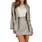 Custom Ladies Stylish Office Work Suit Check Blazer Skirt Set