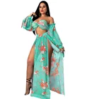 Women Flowers Print African Bikini Summer Sexy Bikini Cover Up and Skirt Sleeves Set