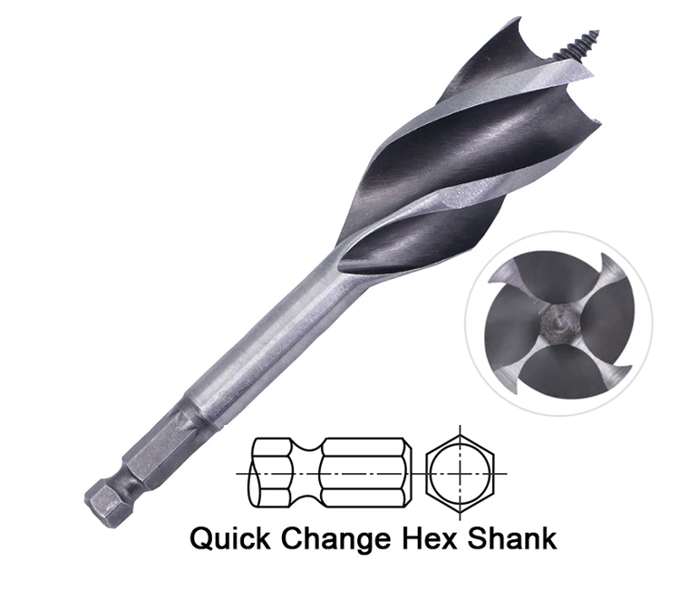 Impact Hex Shank Four Flutes Quad Cutter Wood Auger Drill Bit for Speed Feed Drilling