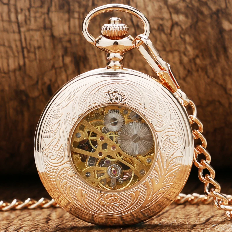 New Arrival Luxury Rose Gold Roman Numeral Hollow Case Design Skeleton Mechanical Pocket Watch 30cm Chain Creative Unisex Gifts 2017 2018 for Men Women (4)