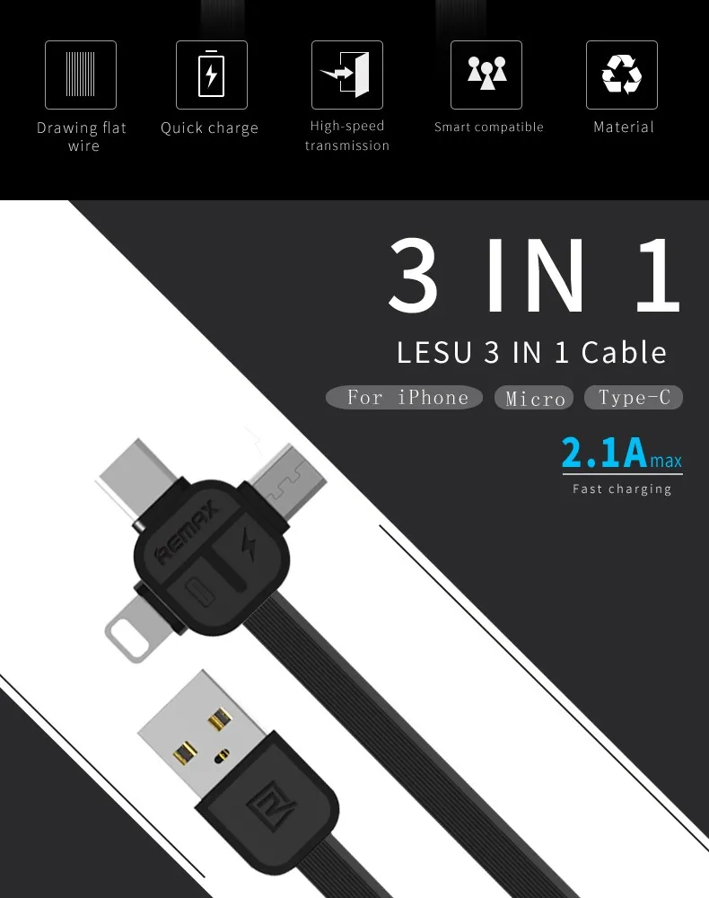 Shenzhen Remax RC-066th LESU 3 in 1 USB Charging Cable - ANKUX.COM