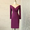 2019 Elegant Burgundy Short Sheath Gormal Gowns Crepe Off Shoulder Long Sleeve Evening Dress for Ladies