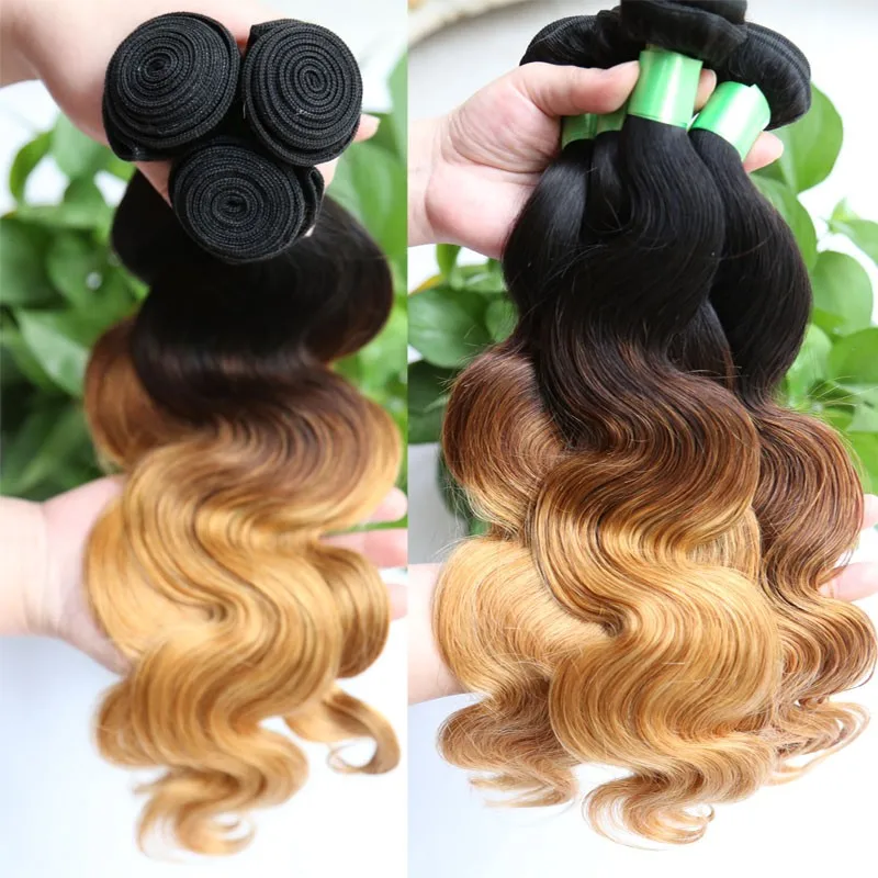wholesale hair 100% remy #1b/4/27 three tone sew in human hair weave ombre hair