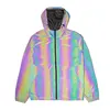 Unisex Reversible Urban Wear Windbreaker Double Sided Rainbow Reflective Chameleon Fabric Adjustable Hood Jacket