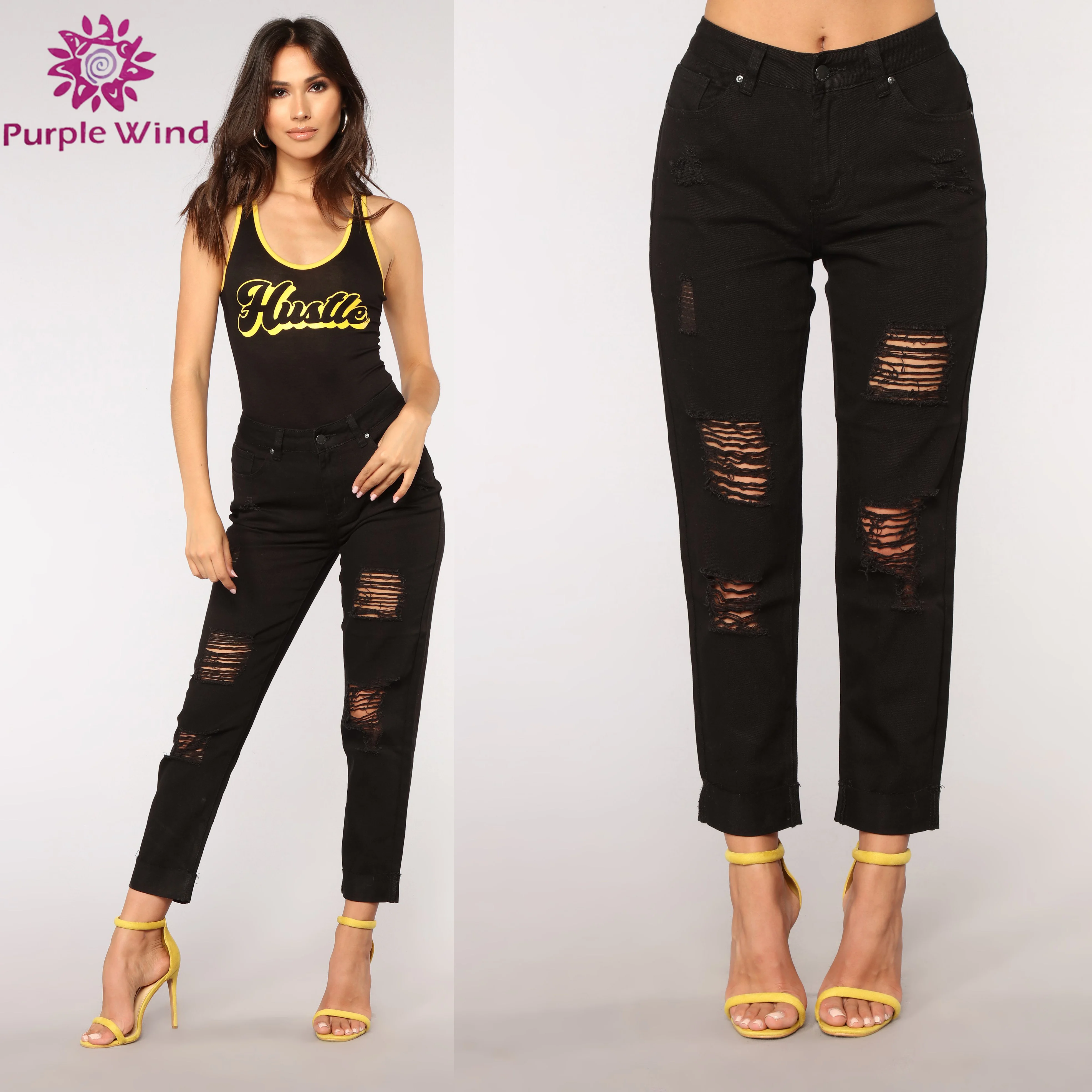 Customized Design High Quality Cotton Black Denim Boyfriend Ripped Style Jeans for Ladies