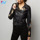 YIHAO Women Classic Motorcycle Jackets Faux Leather PU Zipper Short embroidered Biker Jacket Coat