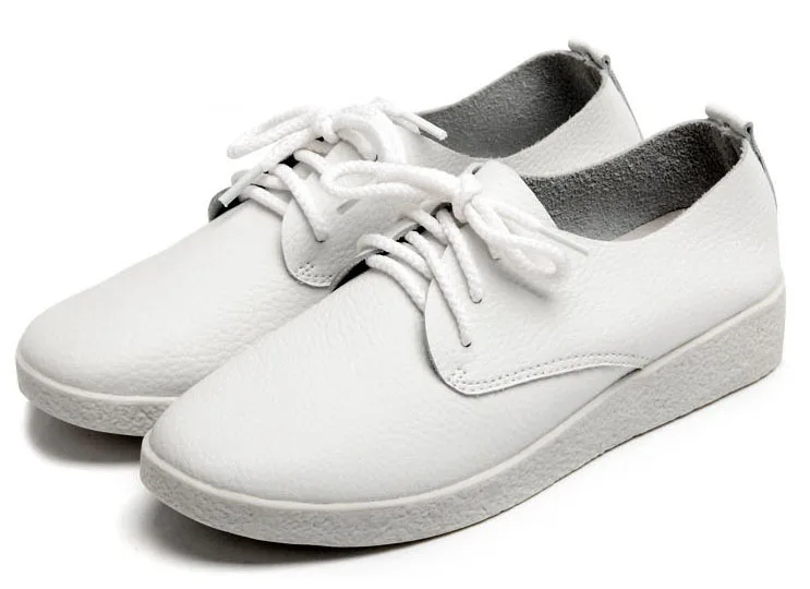 New 2015 Women Genuine Leather Sneakers Fashion Plain Lace Up Round Toe Sneakers for Women Ladies Casual Cow Leather Flat Shoes