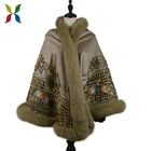 Russian Elegant Ladies Women Winter Real Fox Fur Collar Trim Fringe Embroidered Cashmere Poncho Fur Cape