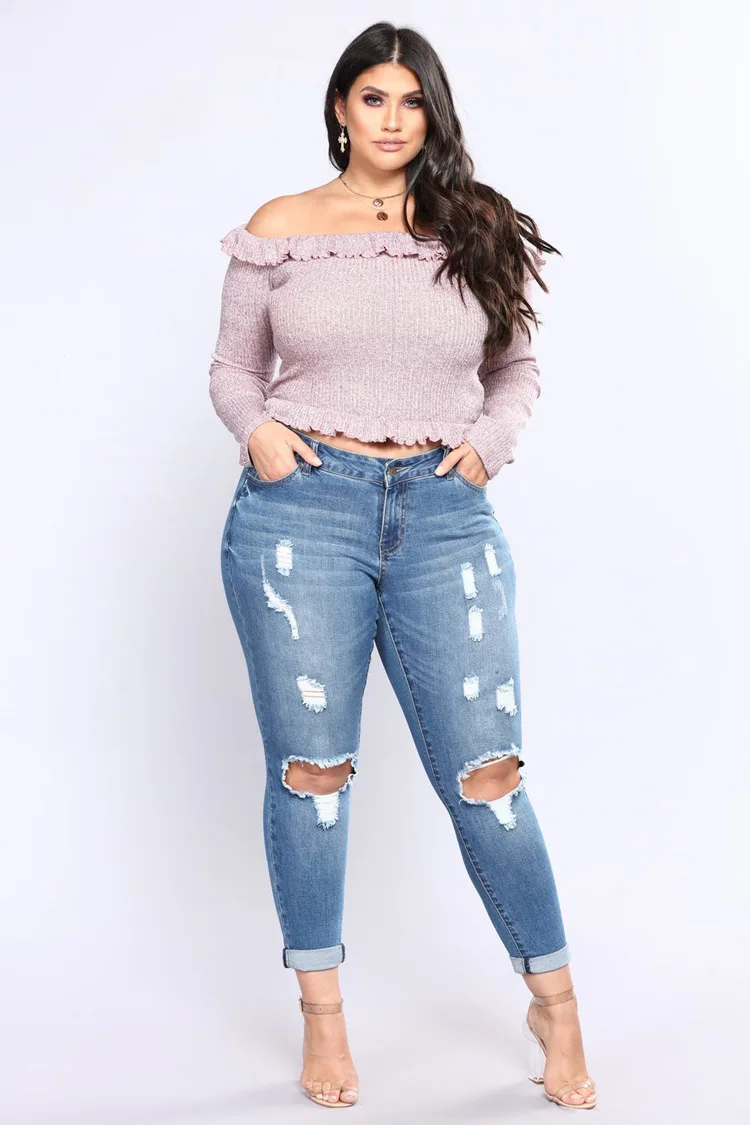 Stretch Fabric Stock Lot Plus Size Denim Womens Ripped Jeans