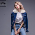 Latest fur jacket designs, lady lamb fur lined jean jacket with embroidery, custom women jean denim jacket winter