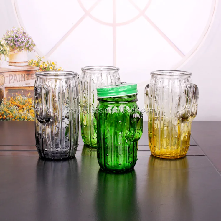 Fancy recycled glass 430ml 650ml cactus shaped beverage glass cup with screw metal lid