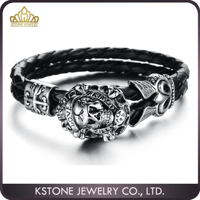 fashion punk cheap mens stainless steel skull leather bracelet