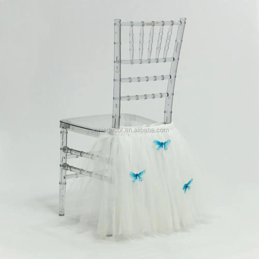 Hot sale white tulle tutu wedding chair cover with beautiful blue butterfly