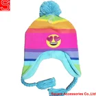 Custom Soft Warm Earflap Hood Emoticon Beanie Hat for Girls Women Knitted Pom Pom Winter Hats