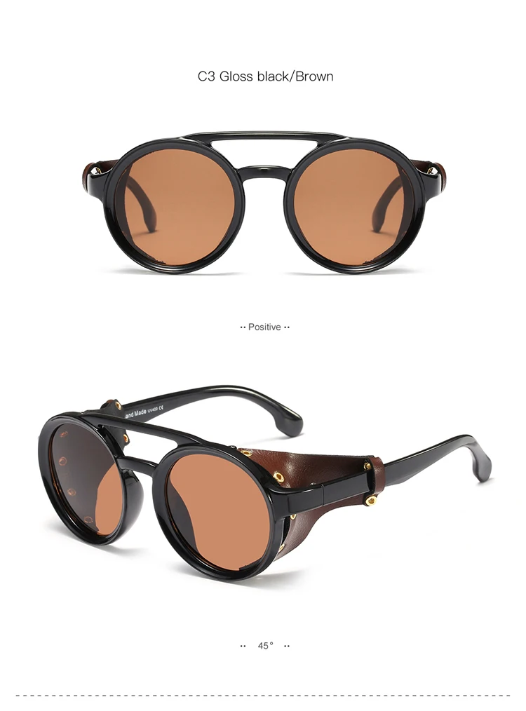 SHINELOT M894 Steampunk Goggles Style Retro Sunglasses Round Lens Leather Mens Women Vintage Sun Glasses Shades Sunglasses