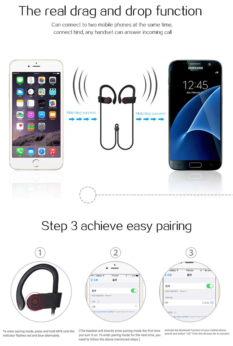 U8 Wireless Headphones Sports Wireless BT Earphone Stereo Headset Sweatproof Headphone With Mic For mobile phone - ANKUX.COM