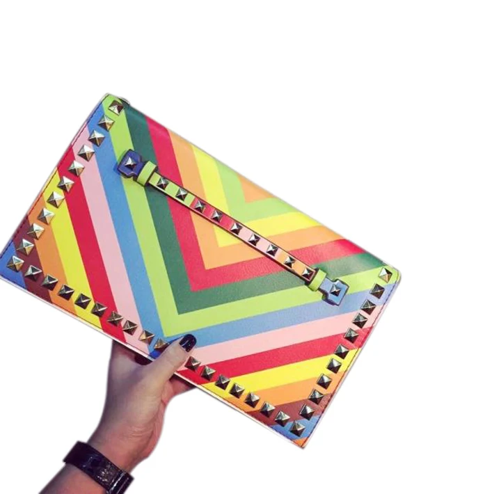 2015 New Fashion Women Summer Candy Color Rainbow Beach Envelope Clutch Bag Ladies Rivet One Shoulder Messenger Leather Handbags
