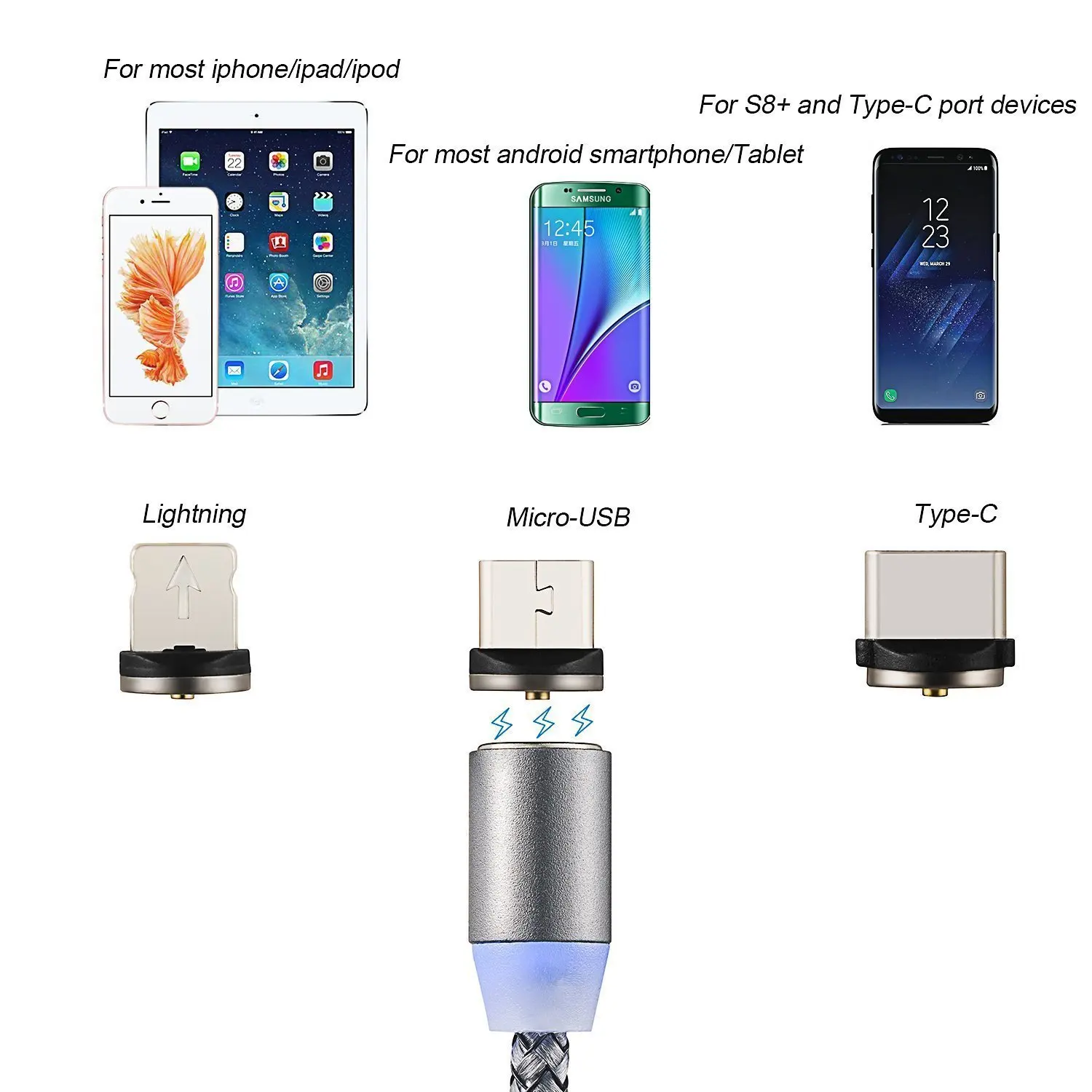 Wholesale 3IN1 Braided Usb Cable Magnetic Charging Cable for iphone 7 8 Plus X