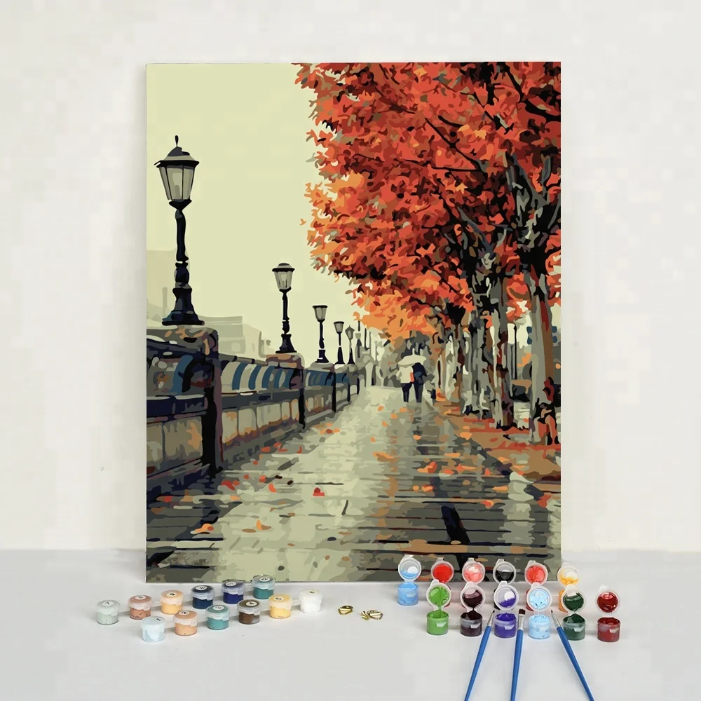 פופולרי נוף רומנטי גשם סתיו רחוב ציור על ידי מספרי אקריליק צבע