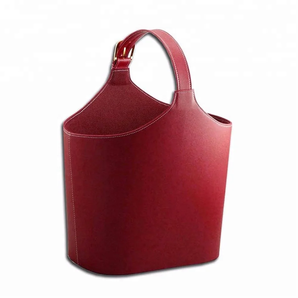 custom red leather storage gift basket with handle