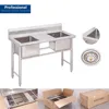 201 304 Stainless Steel Double Sink Table, Restaurant Kitchen Washing Work Table With Adjustable Leg