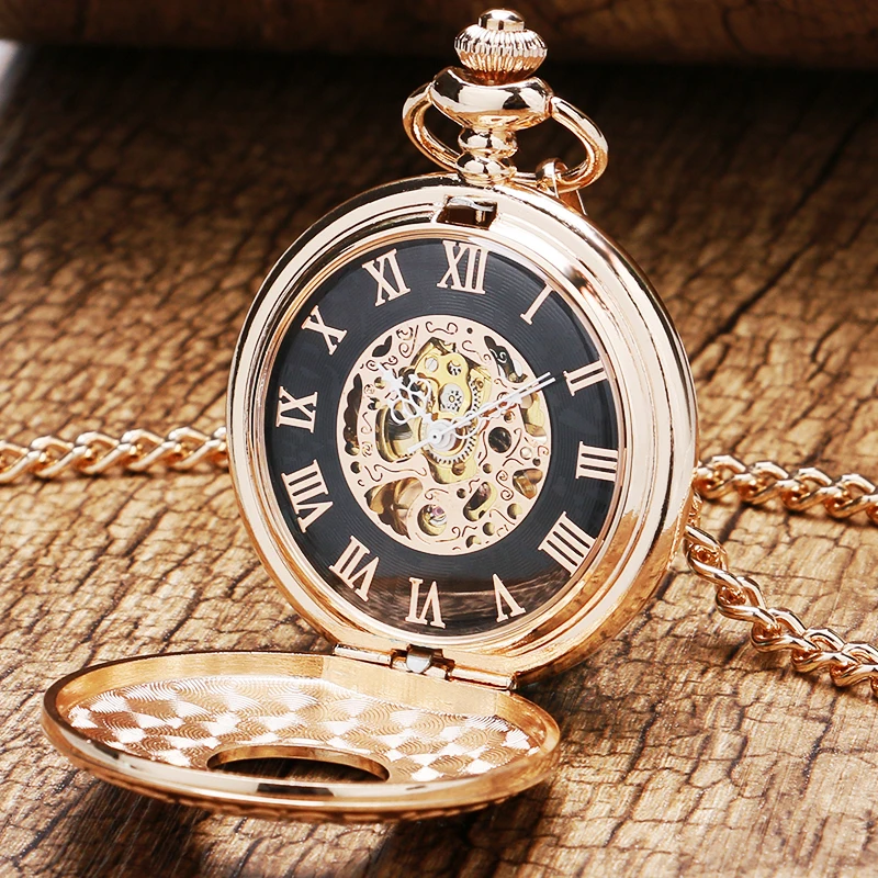 New Arrival Luxury Rose Gold Roman Numeral Hollow Case Design Skeleton Mechanical Pocket Watch 30cm Chain Creative Unisex Gifts 2017 2018 for Men Women (7)