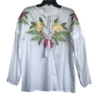 Women's Classic Cotton T-Shirt Long Sleeve Floral Embroidered Blouse Tassel Tie Tops Tees With Front Key Hole Open Neck