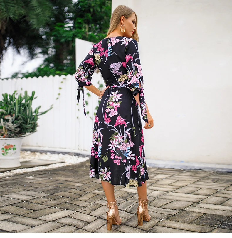 Spring strap cuff chiffon sexy floral print dress bohemian deep V neck wrap maxi floral dress