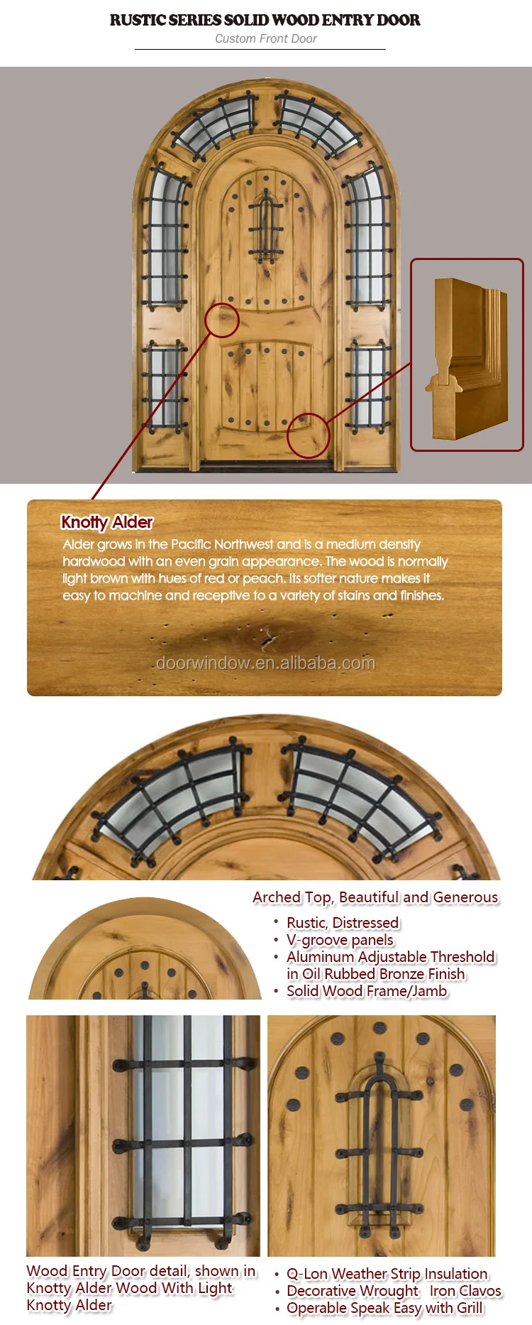 Arched top iron clavos door design with Q-Lon weather strip insulation and solid wood front door frame