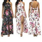 China Dress Supplier Casual Hollow Out Halter Backless Floral High Split Maxi Dress
