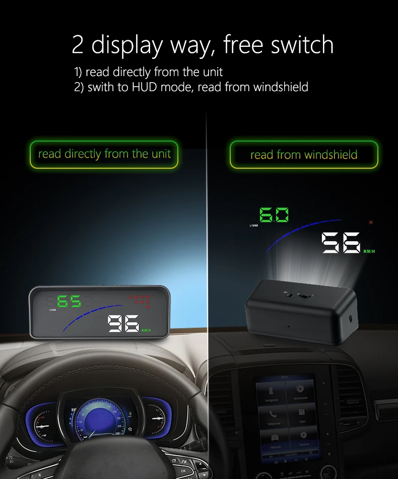 Universal Head Up Display For Cars With OBD And EU-OBD Port 12V Multifunction HUD Speed RPM Voltage Temperature Display And Windshield Reflector6