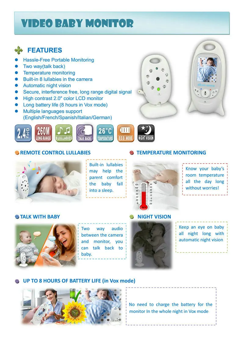 Infrared Night Vision Two Way Talk Back Wireless Temperature Monitoring Video Baby Monitor With  Lullabies