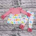 Spring pink kids girl Easter bunny rabbit egg printed flower ruffle clothing set baby girl clothes set