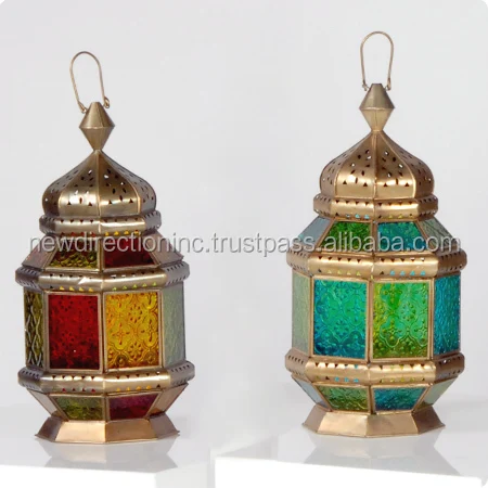 Metalen antieke kleurrijke glas Mini marokkaanse opknoping lamp lantaarns hollow out tafel top kaars lantaarns voor decoratie