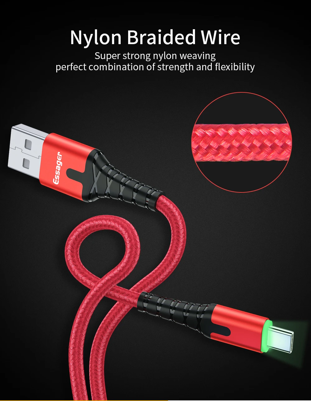 High quality 3A Nylon Braided Wire Type C Led Usb Phone Fast Charger Cable - ANKUX.COM