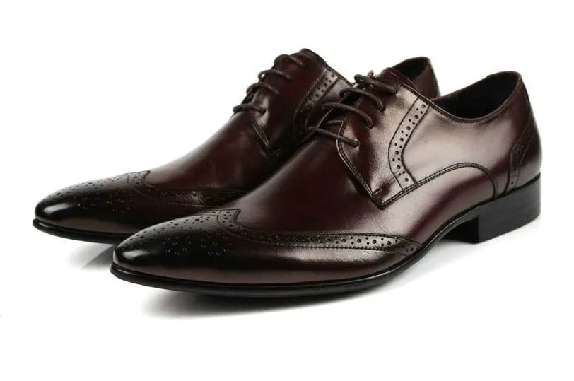 2015 Italian designer black brown cowhide genuine leather men dress shoes brogues flats for wedding office business size:6-10