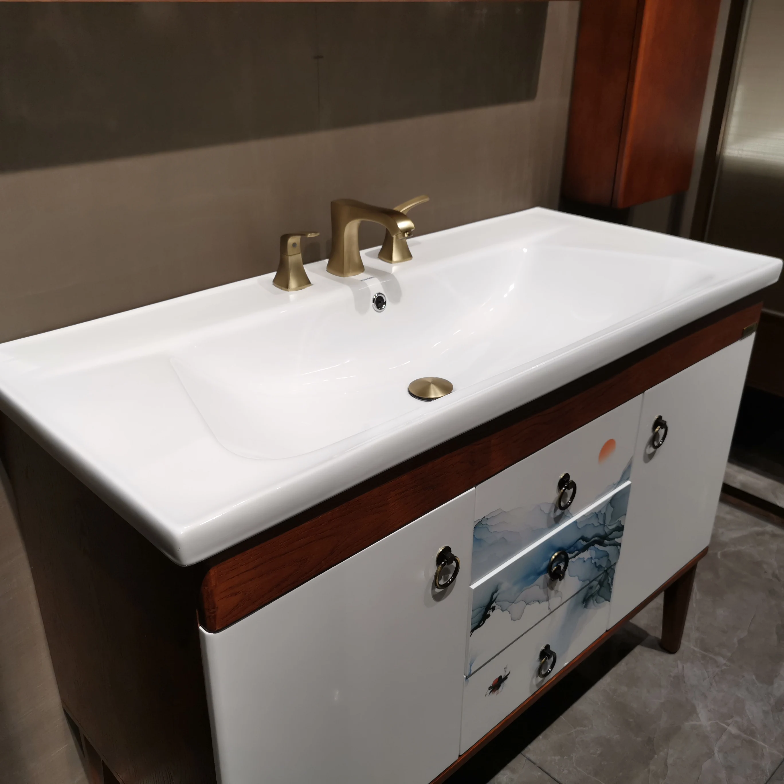 N11G03 Square Bathroom Single/Three Hole Bathroom Cabinet Long Wash Basin