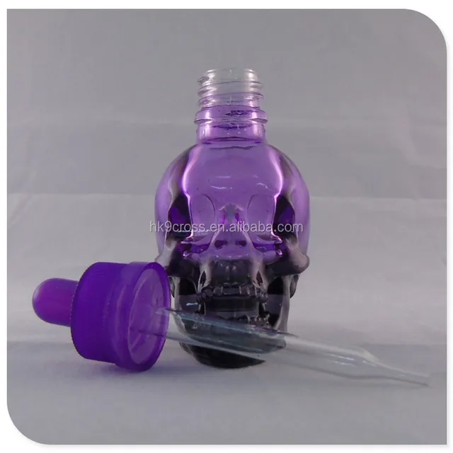 unique 30ml purple skull shape glass dropper parfume bottle