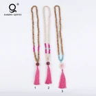 Boho Style Original Wood Stone Beaded Tassel Long Necklace