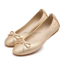 Wholesale big size women ballet roll up leather women's flat shoes with bow