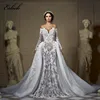 2019 Off shoulder long sleeves wedding dress mermaid detachable tail bridal gown lace appliques sweet heart illusion back button
