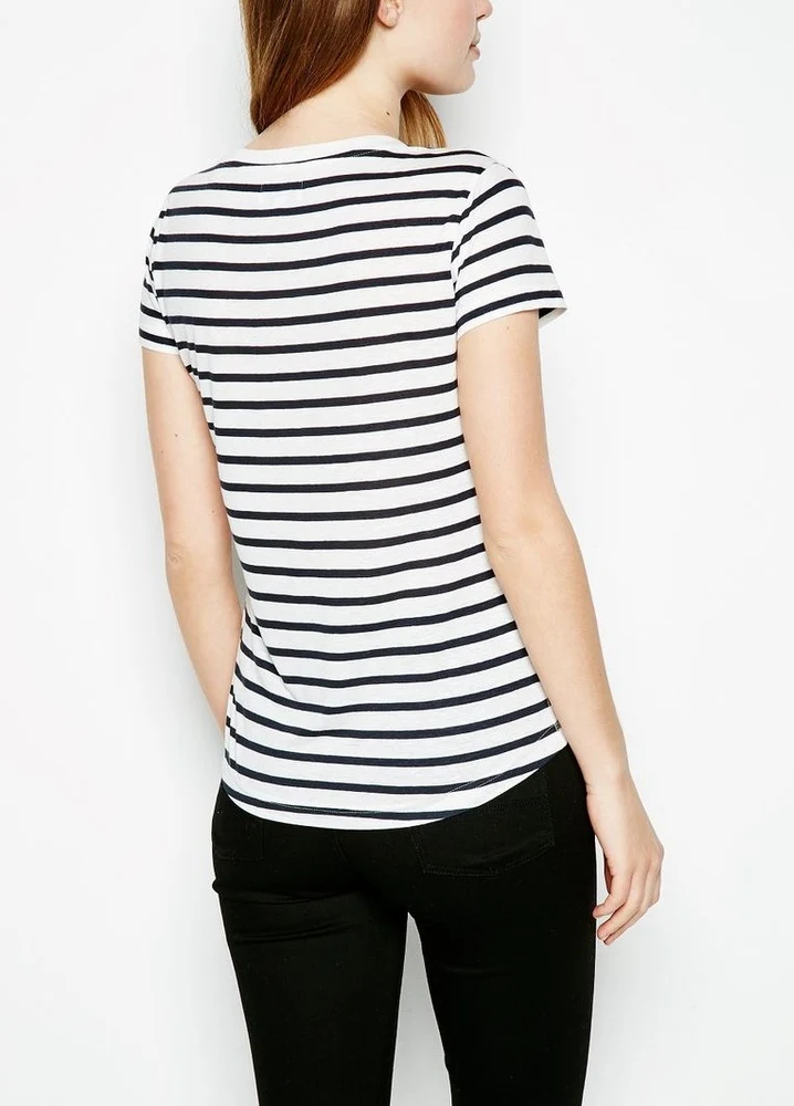 Wholesale Bulk Women Classic Black And White V-neck Striped T Shirts