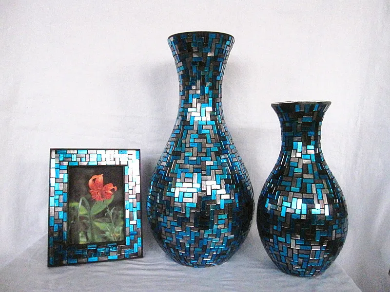 Home Decor Accent Blue Silver Mosaic Floral Handmade Unique Mercury Glass Vases Wholesale Buy