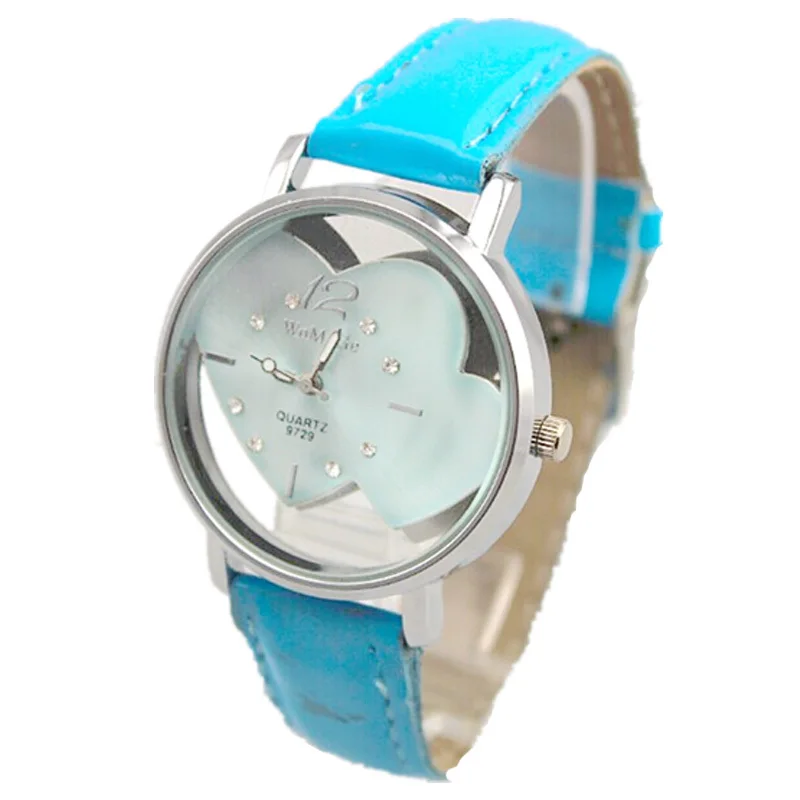 womage brand precise quartz movement 9 colors leather band double heart face women casual watch