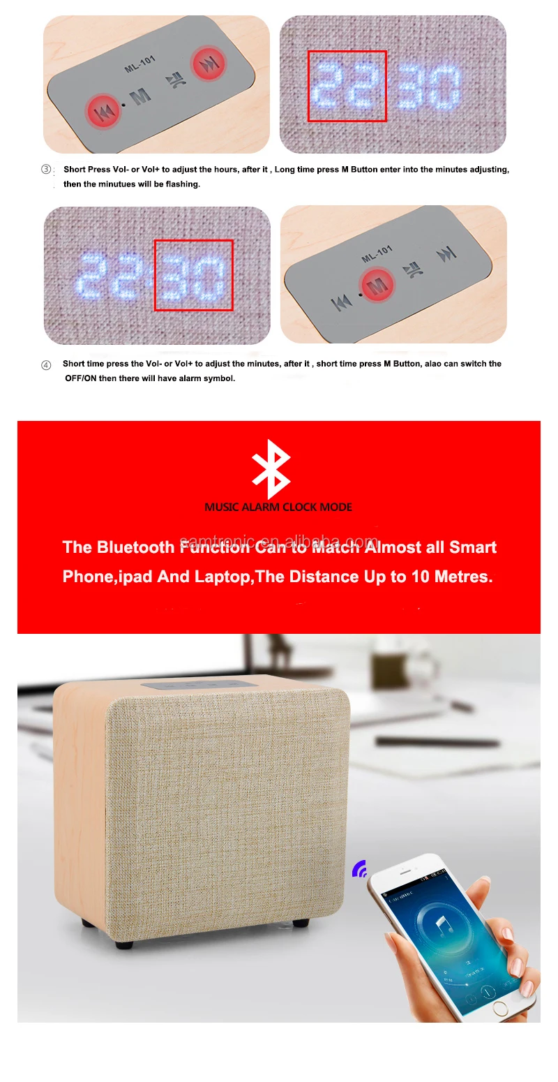 ML-101 Wooden Portable Bluetooth Speaker with Alarm clock Wireless Portable Bluetooth Home Theater Party Speaker Sound system - ANKUX.COM